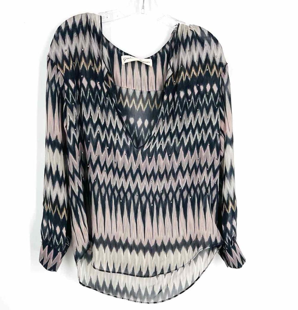 Graham & Spencer Size S Charcoal/Beige Print Embellished Top-Long Sleeve